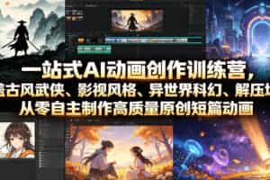 一站式AI动画创作训练营，涵盖古风武侠、影视风格、异世界科幻、解压场景，从零自主制作高质量原创短篇动画