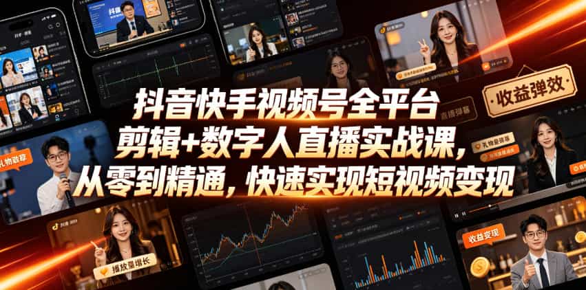 抖音快手视频号全平台剪辑+数字人直播实战课，从零到精通，快速实现短视频变现(更新2026年6月)​