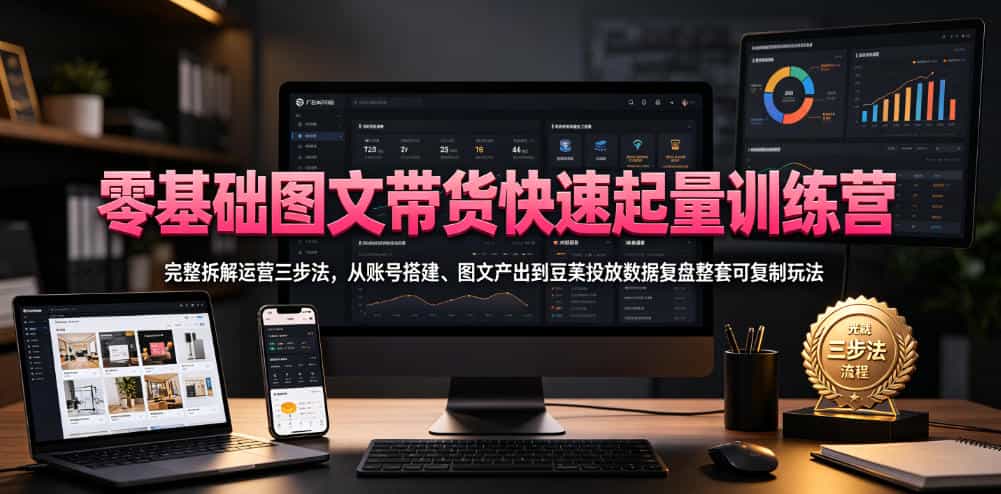 零基础图文带货快速起量训练营，完整拆解运营三步法，从账号搭建、图文产出到豆荚投放数据复盘整套可复制玩法