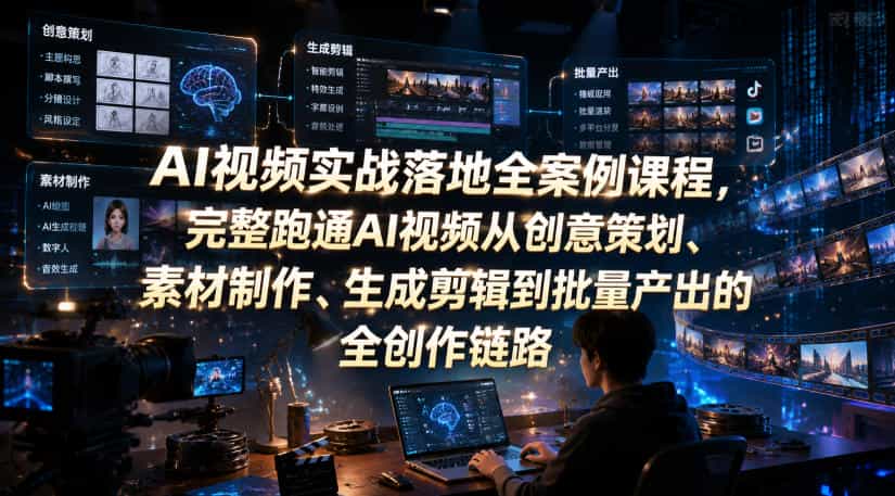 AI视频实战落地全案例课程，完整跑通AI视频从创意策划、素材制作、生成剪辑到批量产出的全创作链路
