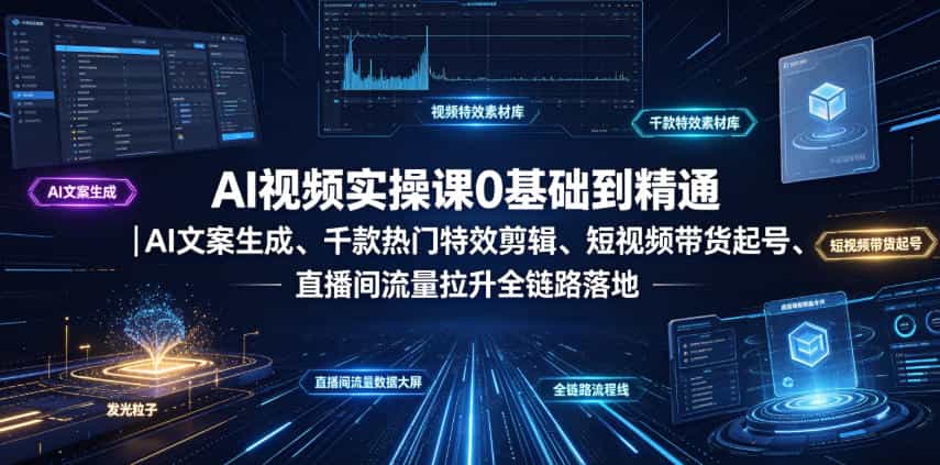 AI视频实操课0基础到精通｜AI文案生成、千款热门特效剪辑、短视频带货起号、直播间流量拉升全链路落地