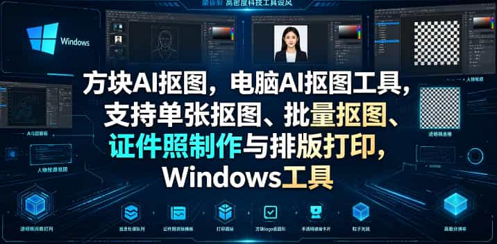 方块AI抠图，电脑AI抠图工具，支持单张抠图、批量抠图、证件照制作与排版打印，Windows工具