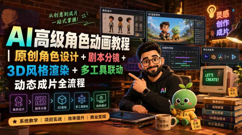 AI高级角色动画教程｜原创角色设计+剧本分镜+3D风格渲染+多工具联动动态成片全流程【中英字幕】