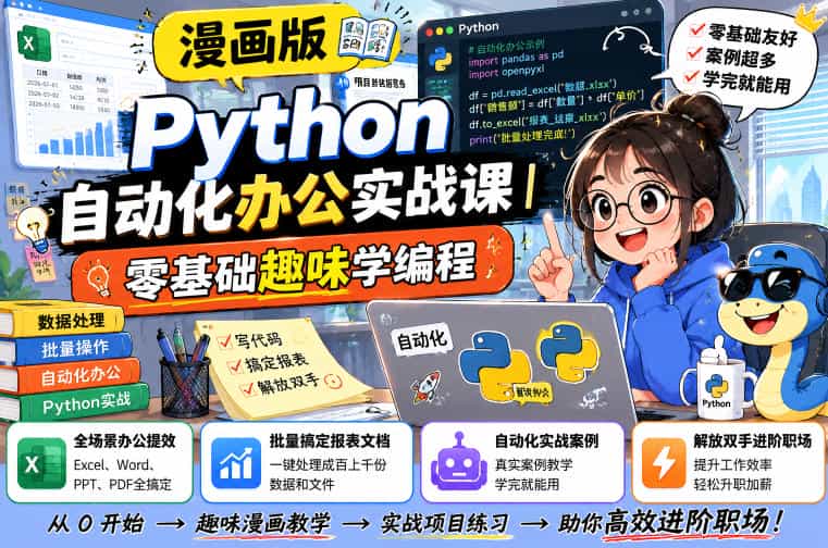漫画版Python自动化办公实战课｜零基础趣味学编程，全场景办公提效、批量搞定报表文档、解放双手进阶职场