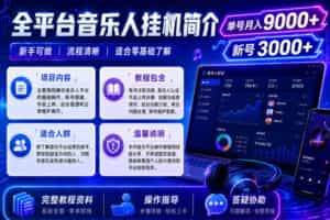 全平台音乐类挂G，单机单号月入9000+，可矩阵，可工作室放大操作【揭秘】