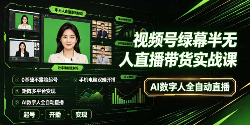 视频号绿幕半无人直播带货实战课｜0基础不露脸起号、手机电脑双端开播、矩阵多平台变现、AI数字人全自动直播