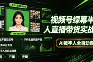 视频号绿幕半无人直播带货实战课｜0基础不露脸起号、手机电脑双端开播、矩阵多平台变现、AI数字人全自动直播