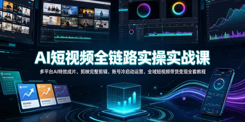 AI短视频全链路实操实战课｜多平台AI特效成片、剪映完整剪辑、账号冷启动运营、全域短视频带货变现全套教程