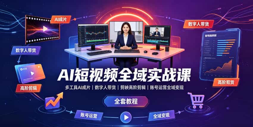AI短视频全域实战课｜多工具AI成片、数字人带货、剪映高阶剪辑、账号运营全域变现全套教程