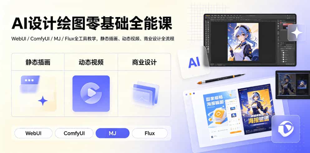 AI设计绘图零基础全能课｜WebUI/ComfyUI/MJ/Flux全工具教学，静态插画、动态视频、商业设计全流程