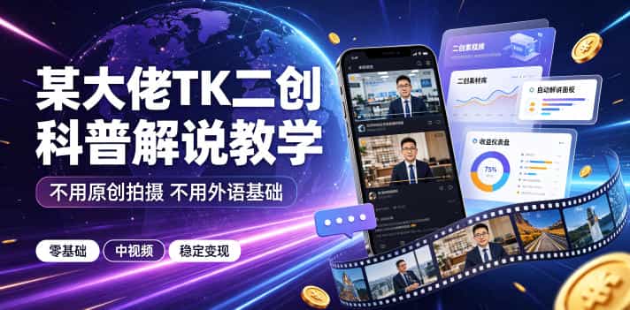 某大佬TK二创科普解说教学，不用原创拍摄不用外语基础，零基础做TikTok中视频稳定变现