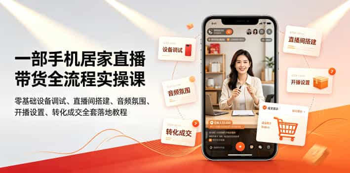 一部手机居家直播带货全流程实操课｜零基础设备调试、直播间搭建、音频氛围、开播设置、转化成交全套落地教程