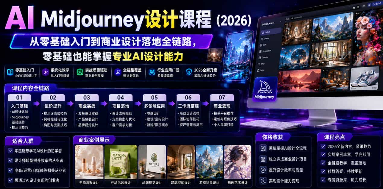 AI Midjourney设计课程（2026），从零基础入门到商业设计落地全链路，零基础也能掌握专业AI设计能力