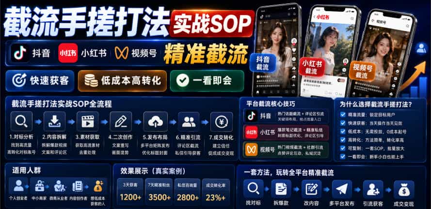 截流手搓打法实战SOP，抖音小红书视频号精准截流，快速获客，低成本高转化，一看即会