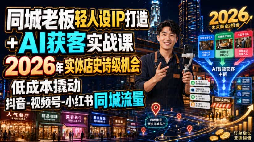 同城老板轻人设IP打造+AI获客实战课，2026年实体店史诗级机会，低成本撬动抖音-视频号-小红书同城流量