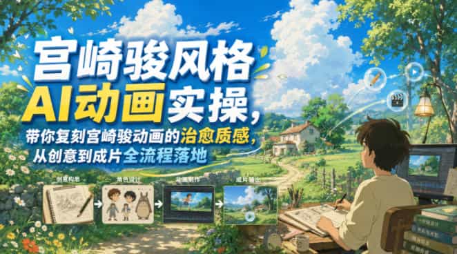 宫崎骏风格AI动画实操，带你复刻宫崎骏动画的治愈质感，从创意到成片全流程落地