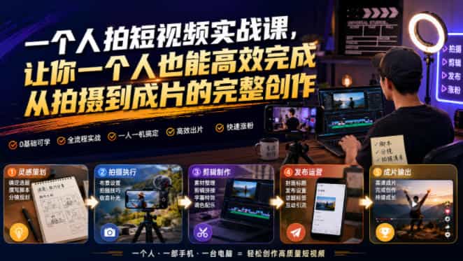 一个人拍短视频实战课，让你一个人也能高效完成从拍摄到成片的完整创作