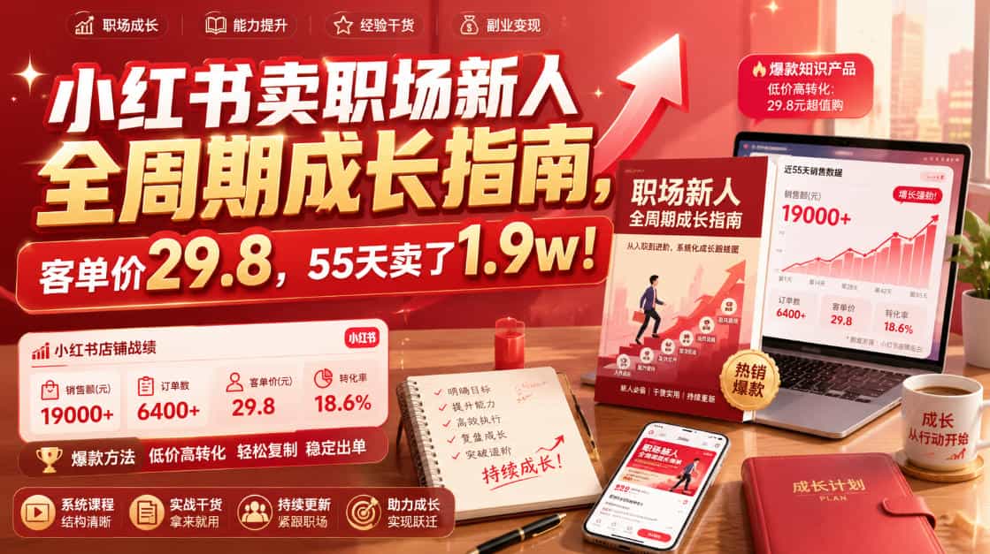 小红书卖职场新人全周期成长指南，客单价29.8，55天卖了1.9w！