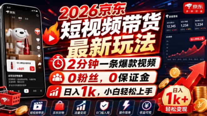 2026京东短视频带货最新玩法，2分钟一条爆款视频，0粉丝，0保证金，日入1k，小白轻松上手【揭秘】