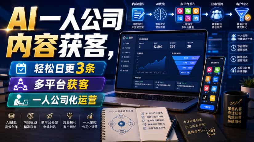AI一人公司内容获客，轻松日更3条，多平台获客，一人公司化运营