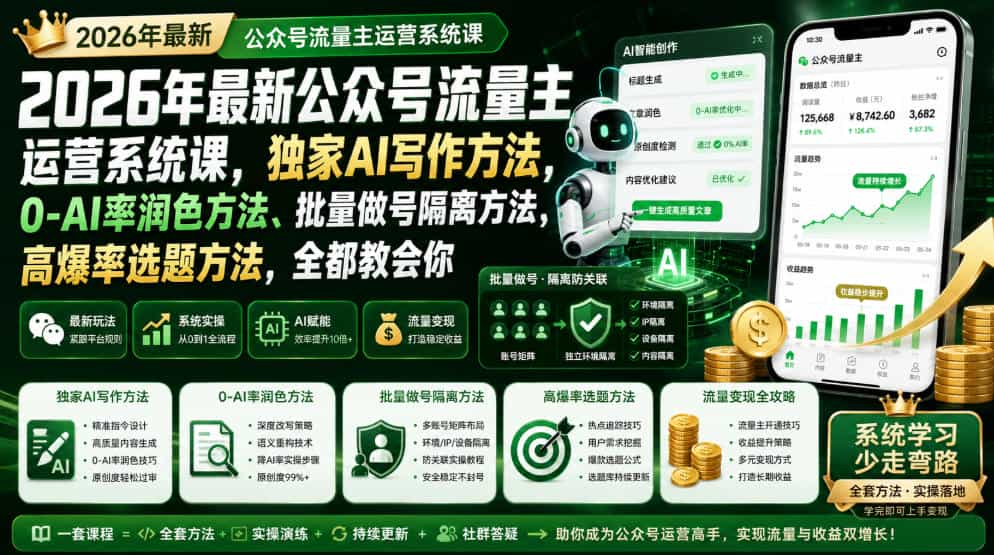 2026年最新公众号流量主运营系统课，独家AI写作方法，0-AI率润色方法、批量做号隔离方法、高爆率选题方法，全都教会你