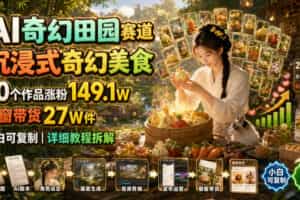 AI奇幻田园赛道，沉浸式奇幻美食，20个作品涨粉149.1W，橱窗带货27W件，小白可复制，详细教程拆解