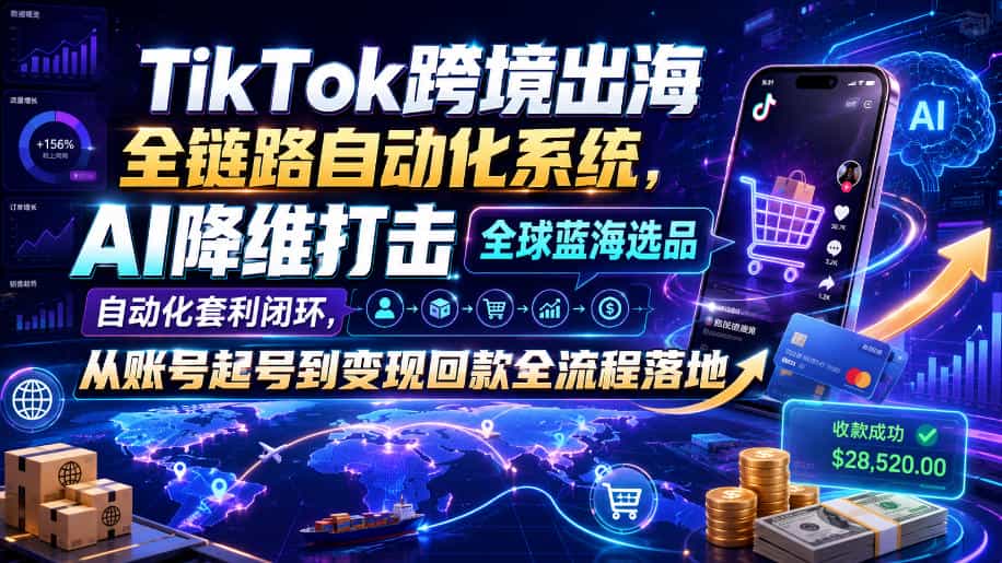 TikTok跨境出海全链路自动化系统，AI降维打击全球蓝海选品自动化套利闭环，从账号起号到变现回款全流程落地（2026年7月）