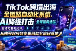 TikTok跨境出海全链路自动化系统，AI降维打击全球蓝海选品自动化套利闭环，从账号起号到变现回款全流程落地（2026年7月）