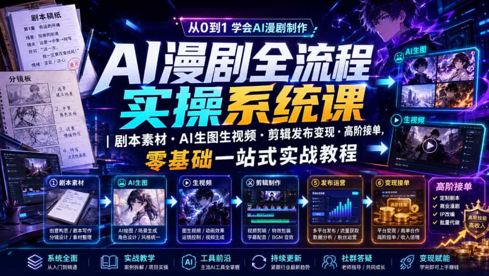 AI漫剧全流程实操系统课｜剧本素材・AI生图生视频・剪辑发布变现・高阶接单，零基础一站式实战教程