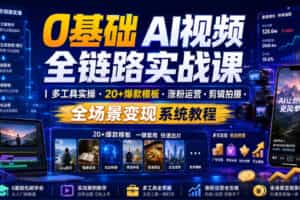 0基础AI视频全链路实战课｜多工具实操・20+爆款模板・涨粉运营・剪辑拍摄・全场景变现系统教程
