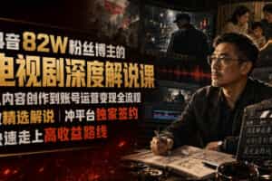抖音82W粉丝博主的电视剧深度解说课，从内容创作到账号运营变现全流程，做精选解说，冲平台独家签约，快速走上高收益路线