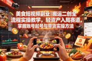 （19535期）美食短视频副业｜搬运二创全流程实操教学，轻资产入局赛道，掌握账号起号与带货实操方法