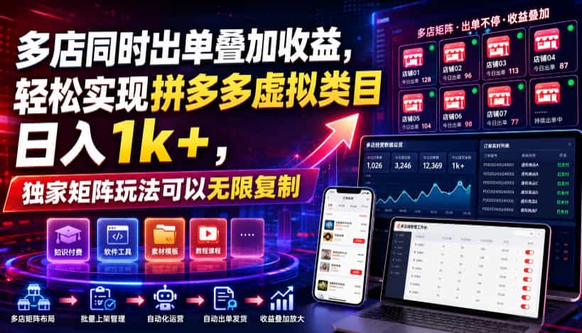 多店同时出单叠加收益，轻松实现拼多多虚拟类目日入1k+，独家矩阵玩法可以无限复制【揭秘】