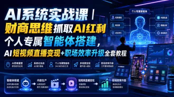 AI系统实战课｜财商思维抓取AI红利｜个人专属智能体搭建，AI短视频直播变现+职场效率升级全套教程