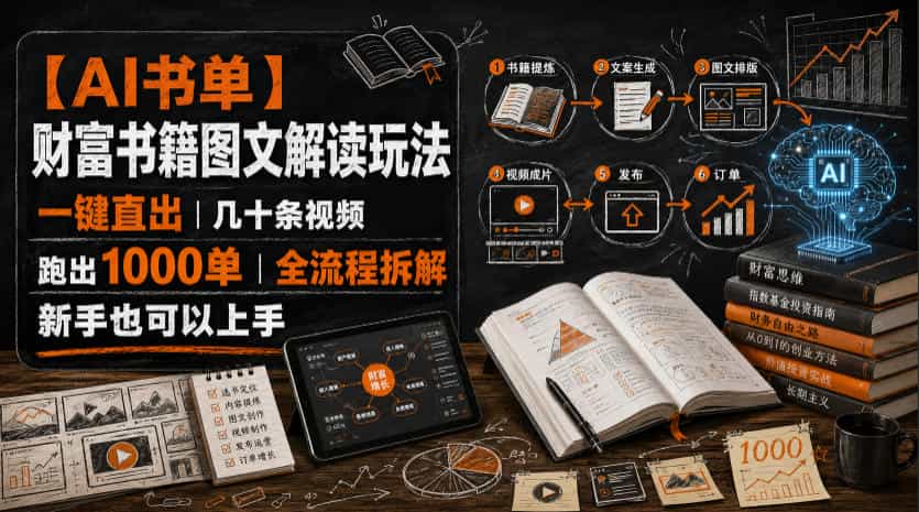 【AI书单】财富书籍图文解读玩法，一键直出，几十条视频，跑出1000单，全流程拆解，新手也可以上手