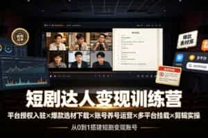 （19551期）短剧达人变现训练营：平台授权入驻×爆款选材下载×账号养号运营×多平台挂载×剪辑实操×违规处理全流程