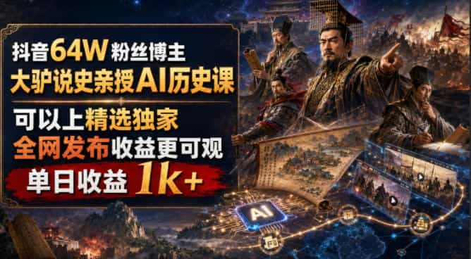 抖音64W粉丝博主大驴说史亲授AI历史课，可以上精选独家，全网发布收益更可观，单日收益1k+
