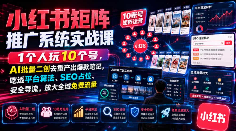 小红书矩阵推广系统实战课｜1个人玩10个号，AI批量二创去重产出爆款笔记，吃透平台算法、SEO占位、安全导流，放大全域免费流量