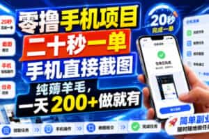 零撸手机项目，二十秒一单，手机直接截图，纯薅羊毛，一天200+做就有【揭秘】