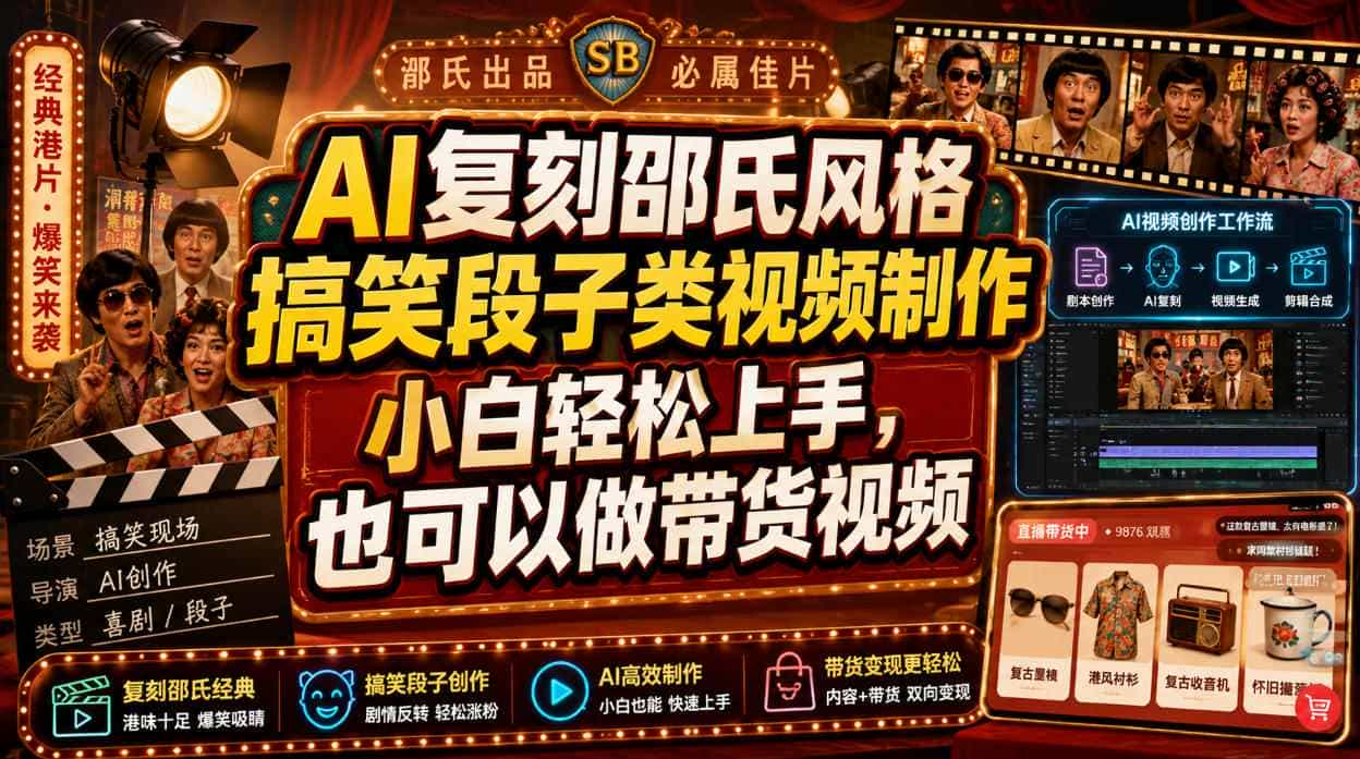 AI复刻邵氏风格搞笑段子类视频制作，小白轻松上手，也可以做带货视频