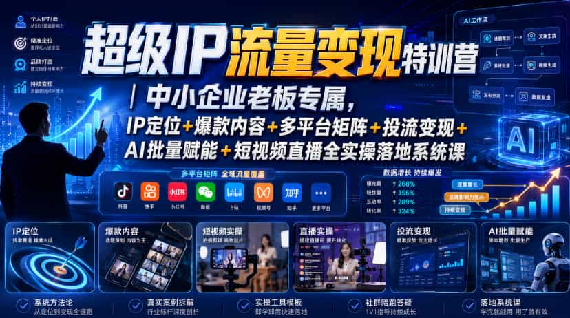 超级IP流量变现特训营｜中小企业老板专属，IP定位+爆款内容+多平台矩阵+投流变现+AI批量赋能+短视频直播全实操落地系统课