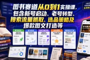 图书赛道从0到1实操课，包含新号启动、老号转型、搜索流量抓取、选品策略及爆款图文打造等