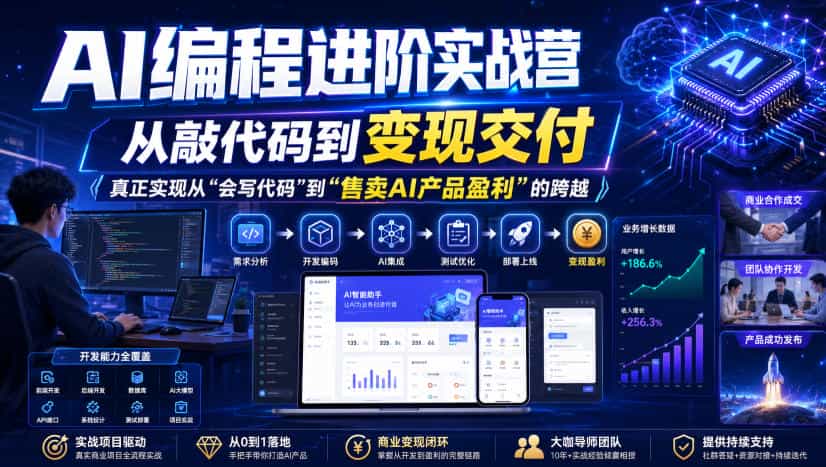 AI编程进阶实战营，从敲代码到变现交付，，真正实现从“会写代码”到“售卖AI产品盈利”的跨越