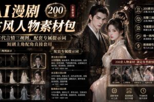 （19693期）AI漫剧古风人物素材包+提示词｜200 套古代言情三视图，配套专属提示词短剧主角配角直接套用
