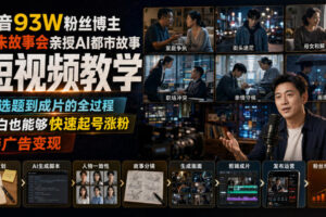 抖音93W粉丝博主老朱故事会亲授AI都市故事短视频教学,从选题到成片的全过程,小白也能够快速起号涨粉接广告变现