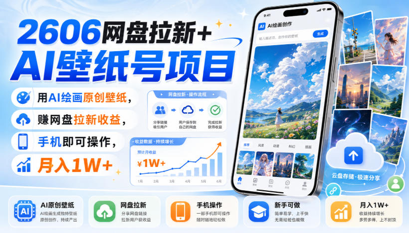 2606网盘拉新+AI壁纸号项目，用AI绘画原创壁纸，賺网盘拉新收益，手机即可操作，月入1W+