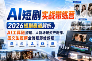 AI短剧实战带练营｜2026短剧赛道解析、AI工具链搭建、人物场景资产制作、图文生视频全流程落地教程