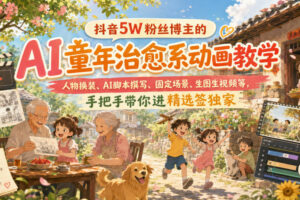 抖音5W粉丝博主的AI童年治愈系动画教学，人物换装、AI脚本撰写、固定场景、生图生视频等，手把手带你进精选签独家