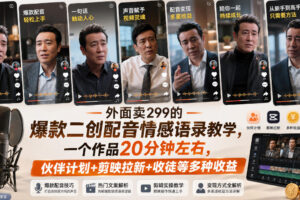 外面卖299的爆款二创配音情感语录教学，一个作品20分钟左右，伙伴计划+剪映拉新+收徒等多种收益（更新）