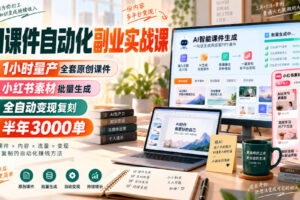 AI课件自动化副业实战课，1小时量产全套原创课件，小红书素材批量生成，全自动变现复刻，半年3000单